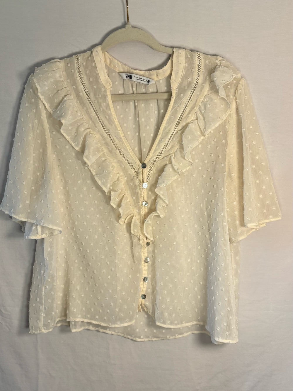 ZARA Ivory Dot Ruffle Button-Front Blouse